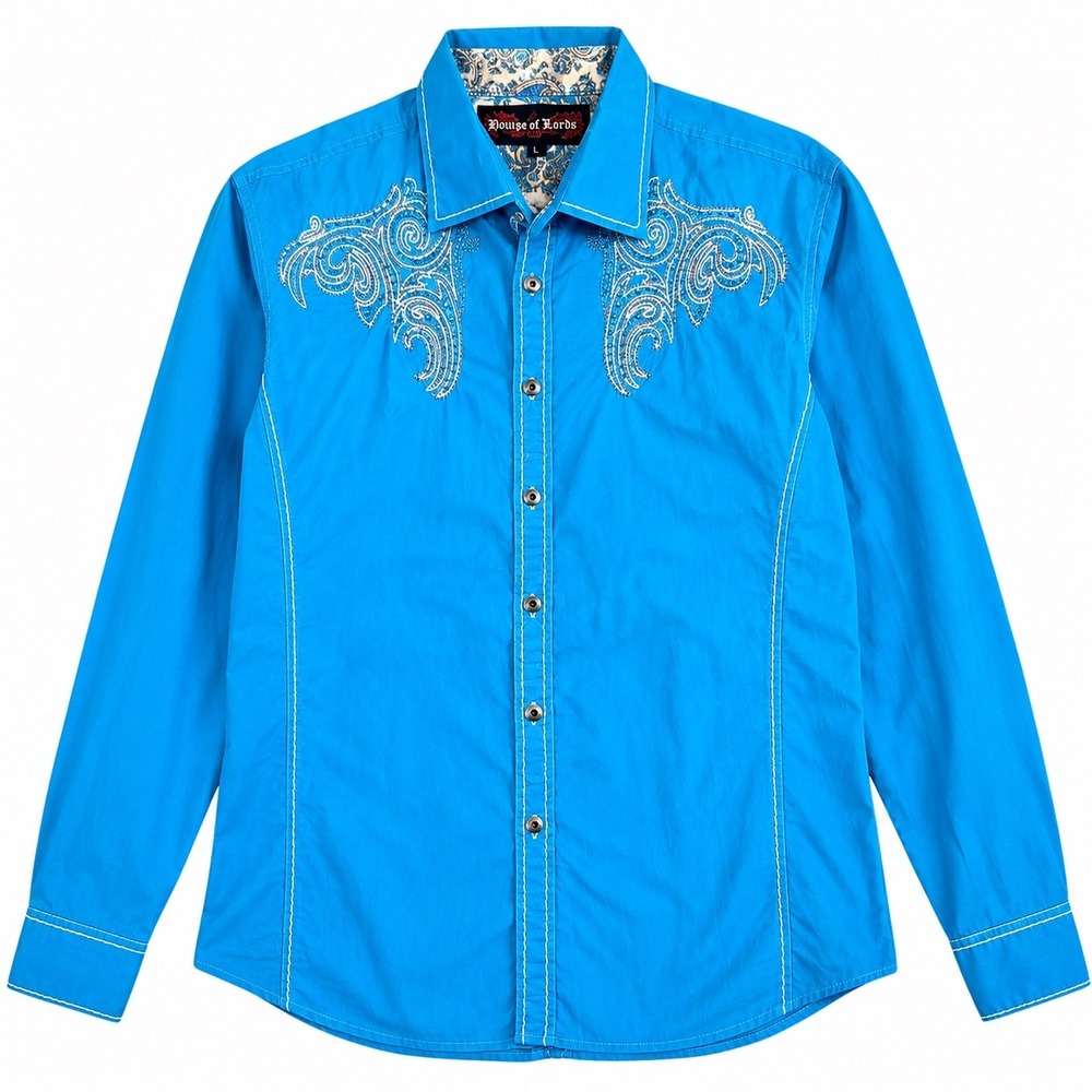 House of Lords Button Down Shirt Mens Large Blue Cotton Embroidered Western